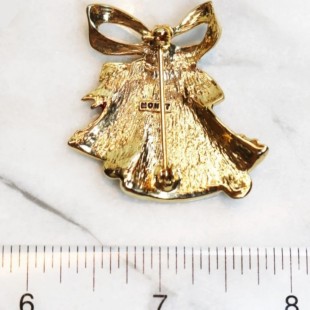 🎄🧑🏻‍🎄✨ Monet Holiday Bell Brooch with Gold & Red Enamel Highlights ⚜️🎁🎄✨